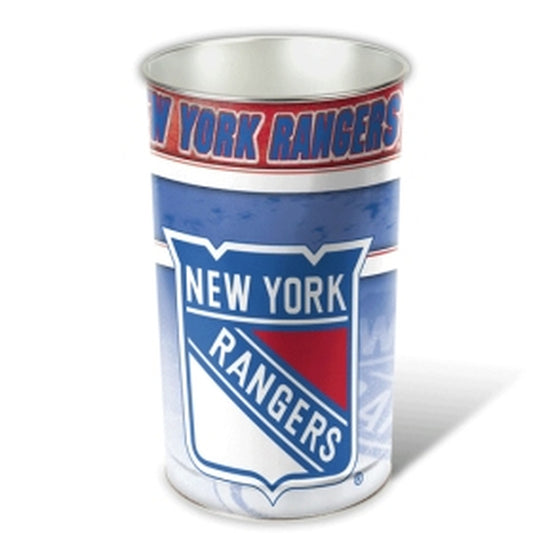 New York Rangers metal wastebasket with team colors and graphics measures 15 inches tall & 10 inches wide at top