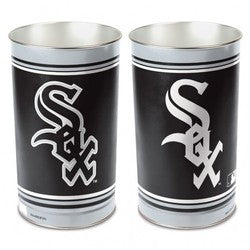 Chicago White Sox metal wastebasket with team colors and graphics measures 15 inches tall & 10 inches wide at top