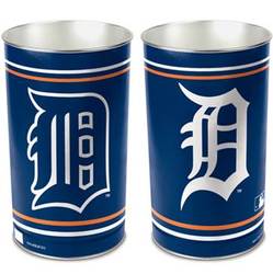 Detroit  Tigers metal wastebasket with team colors and graphics measures 15 inches tall & 10 inches wide at top