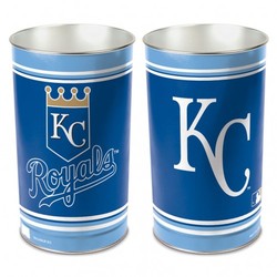 Kansas City Royals metal wastebasket with team colors and graphics measures 15 inches tall & 10 inches wide at top