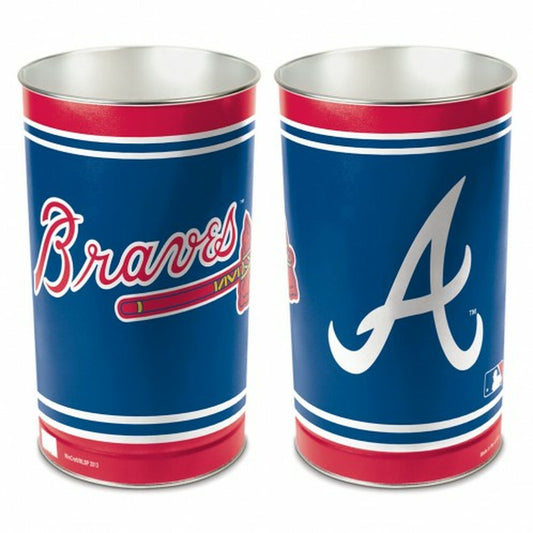 Atlanta Braves metal wastebasket with team colors and graphics measures 15 inches tall & 10 inches wide at top