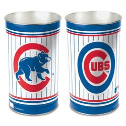 Chicago Cubs metal wastebasket with team colors and graphics measures 15 inches tall & 10 inches wide at top