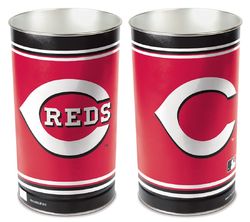 Cincinnati Reds metal wastebasket with team colors and graphics measures 15 inches tall & 10 inches wide at top