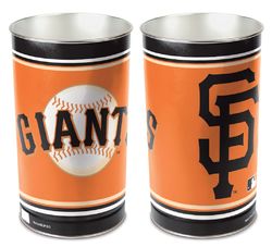 San Francisco Giants metal wastebasket with team colors and graphics measures 15 inches tall & 10 inches wide at top