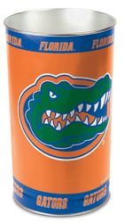 Florida Gators metal wastebasket with team colors and graphics measures 15 inches tall & 10 inches wide at top