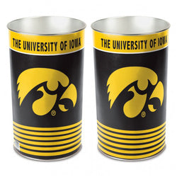 Iowa  Hawkeyes metal wastebasket with team colors and graphics measures 15 inches tall & 10 inches wide at top