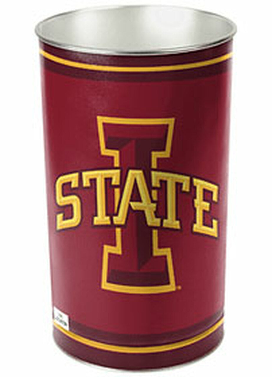 Iowa State Cyclones metal wastebasket with team colors and graphics measures 15 inches tall & 10 inches wide at top