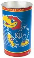 Kansas Jayhawks metal wastebasket with team colors and graphics measures 15 inches tall & 10 inches wide at top