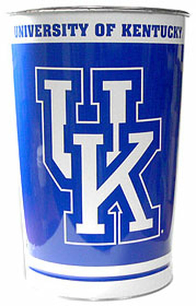 Kentucky Wildcats metal wastebasket with team colors and graphics measures 15 inches tall & 10 inches wide at top