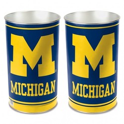 Michigan Wolverines metal wastebasket with team colors and graphics measures 15 inches tall & 10 inches wide at top