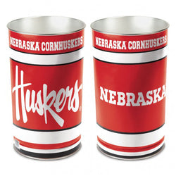 Nebraska Cornhuskers metal wastebasket with team colors and graphics measures 15 inches tall & 10 inches wide at top