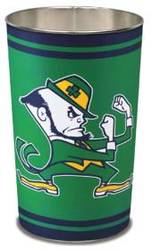 Notre Dame Fighting Irish metal wastebasket with team colors and graphics measures 15 inches tall & 10 inches wide at top