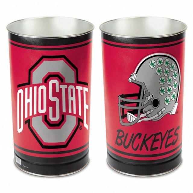 Ohio State Buckeyes metal wastebasket with team colors and graphics measures 15 inches tall & 10 inches wide at top