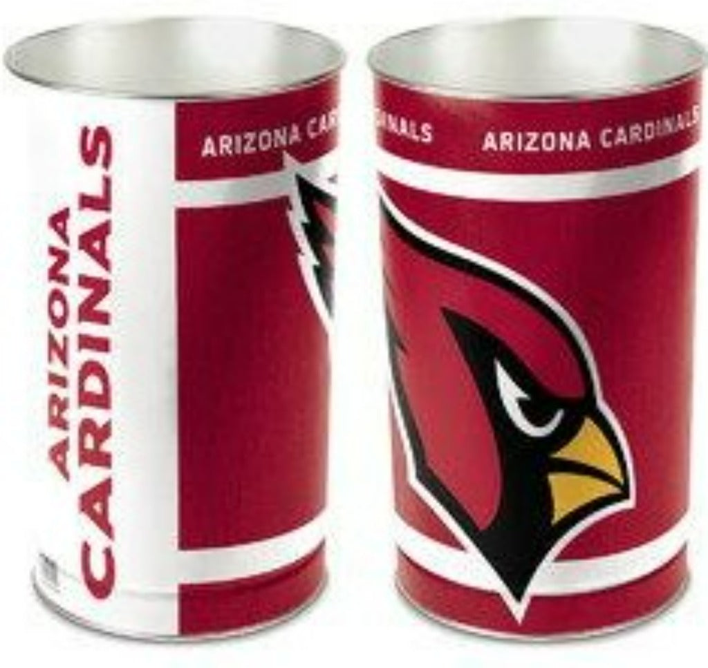 Arizona Cardinals metal wastebasket with team colors and graphics measures 15 inches tall & 10 inches wide at top