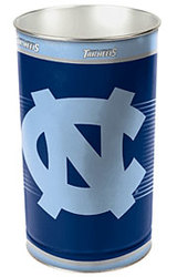 North Carolina Tar Heels metal wastebasket with team colors and graphics measures 15 inches tall & 10 inches wide at top