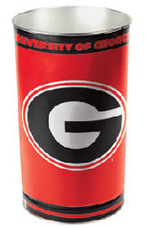 Georgia Bulldogs metal wastebasket with team colors and graphics measures 15 inches tall & 10 inches wide at top