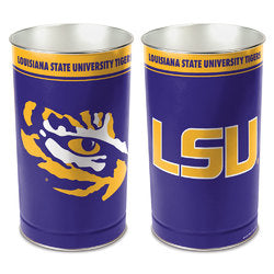 LSU Tigers metal wastebasket with team colors and graphics measures 15 inches tall & 10 inches wide at top