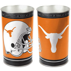 Texas Longhorns metal wastebasket with team colors and graphics measures 15 inches tall & 10 inches wide at top