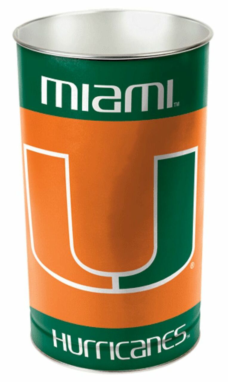 Miami Hurricanes metal wastebasket with team colors and graphics measures 15 inches tall & 10 inches wide at top