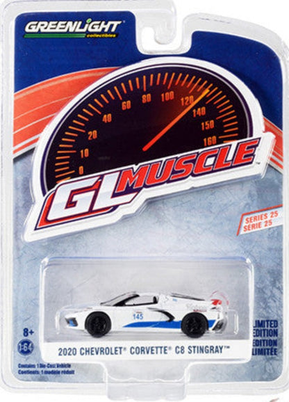 2020 Chevrolet Corvette C8 Stingray #145 White with Blue Stripes "Greenlight Muscle" Series 25 1/64 Diecast Model Car by Greenlight