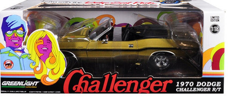 1970 Dodge Challenger R/T Convertible with Luggage Rack Metallic Gold with Black Stripes 1/18 Diecast Model Car by Greenlight