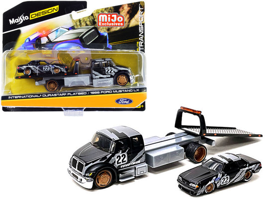 International DuraStar Flatbed Truck #22 and 1988 Ford Mustang LX #22 Matt Black with Gray Graphics Toyo Tires "Elite Transport" Series 1/64 Diecast