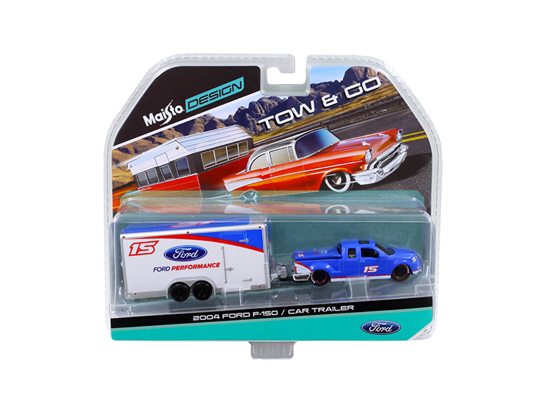 Blue Ford pickup truck with #15 on door with white enclosed car trailer  with Ford Performance on the side