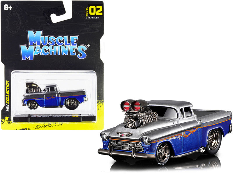 1955 Chevrolet Cameo Pickup Truck 1/64 diecast model in gray and blue with flames, features real rubber tires.