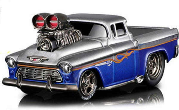 1955 Chevrolet Cameo Pickup Truck Gray and Blue Metallic with Flames 1/64 Diecast Model Car by Muscle Machines