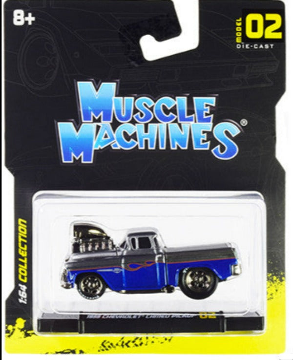 1955 Chevrolet Cameo Pickup Truck Gray and Blue Metallic with Flames 1/64 Diecast Model Car by Muscle Machines