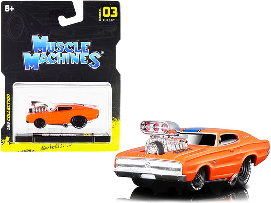 Muscle Machines 1966 Dodge Charger 426 C.I. Orange with Blue Stripe 1/64 Diecast Model Car, featuring detailed exterior and rubber tires.