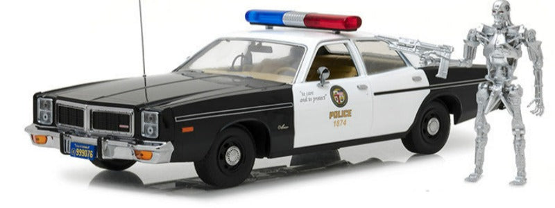 1977 Dodge Monaco Metropolitan Police with T-800 Endoskeleton Figure "The Terminator" (1984) Movie 1/18 Diecast Model Car by Greenlight
