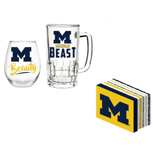 Michigan Wolverines Boxed Drink Set -17oz Stemless Wine and 16oz Tankard by Evergreen