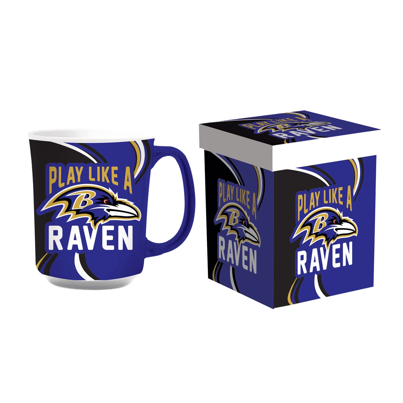 Baltimore Ravens 14oz Ceramic Coffee Mug: Team colors, logo, matching box. Official NFL, microwave & top-rack dishwasher safe. By Evergreen.