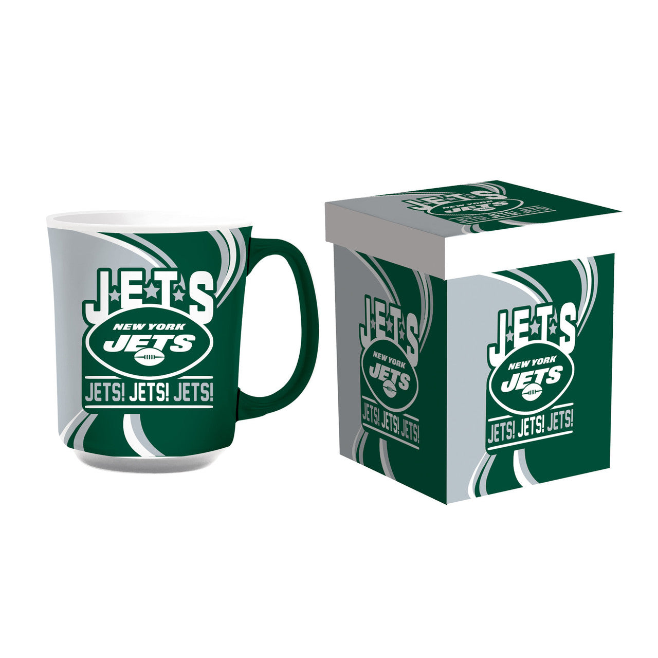 New York Jets NFL ceramic coffee mug, 14oz. Team colors, logo, & name. Microwave & dishwasher safe. Officially licensed by Evergreen.