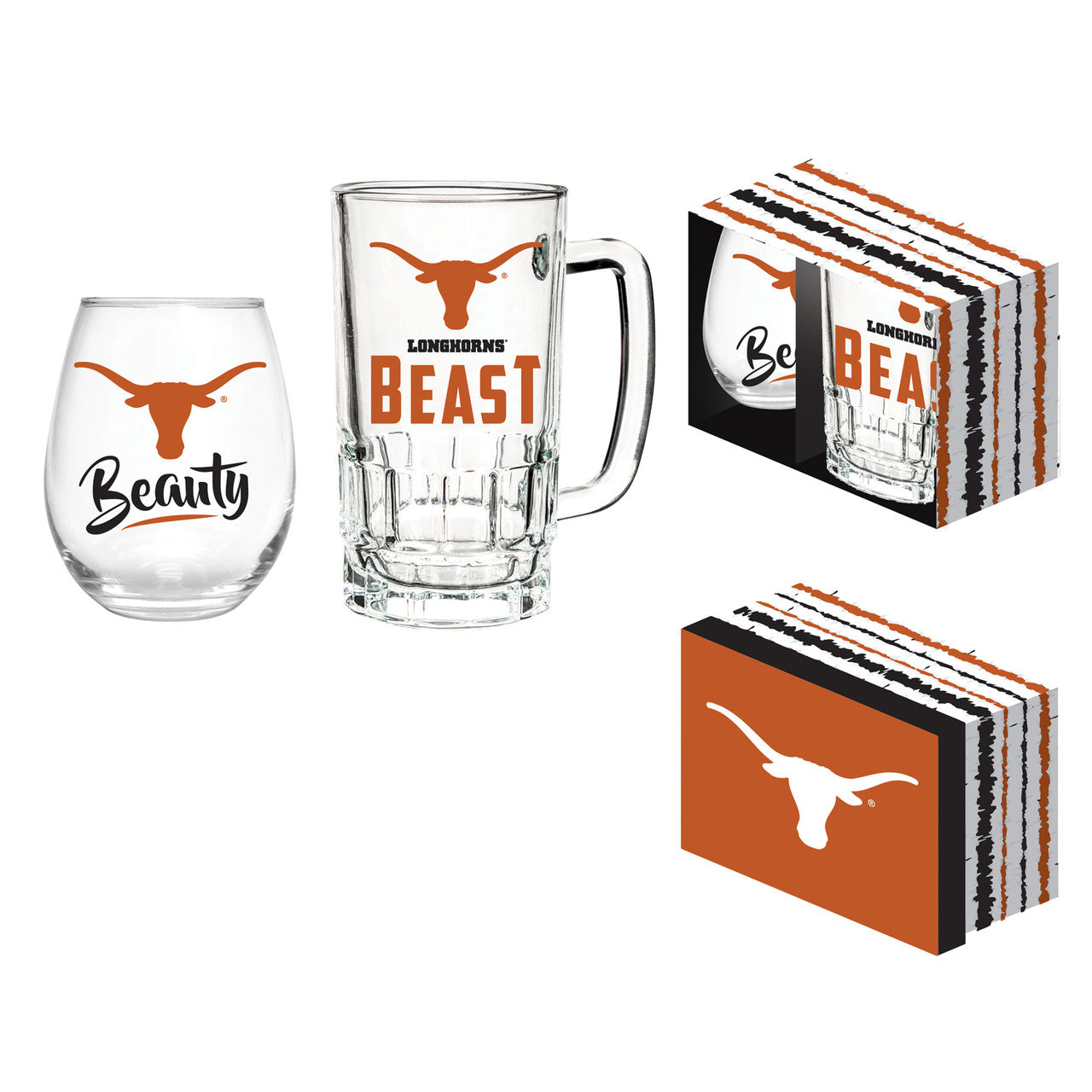 Texas Longhorns Boxed Drink Set -17oz Stemless Wine and 16oz Tankard by Evergreen