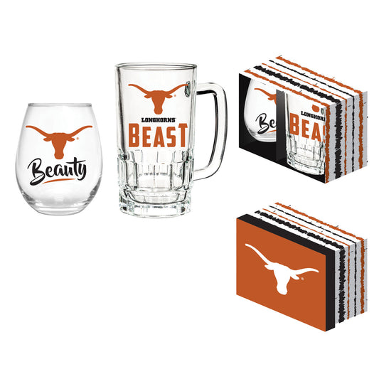 Texas Longhorns Boxed Drink Set -17oz Stemless Wine and 16oz Tankard by Evergreen