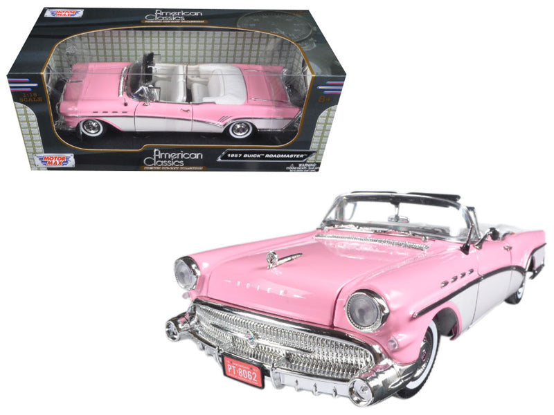 Motormax 1957 Buick Roadmaster Convertible 1/18 Diecast - Pink/White, Steerable Wheels, Opening Parts, Real Rubber Tires