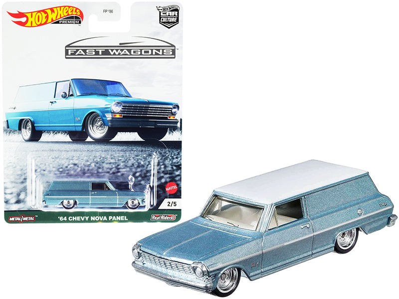 1964 Chevrolet Nova Panel diecast model car in light blue metallic with white top, 1/64 scale, from Hot Wheels' Fast Wagons series.