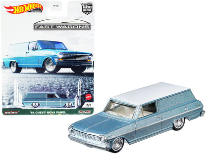 1964 Chevrolet Nova Panel diecast model car in light blue metallic with white top, 1/64 scale, from Hot Wheels' Fast Wagons series.