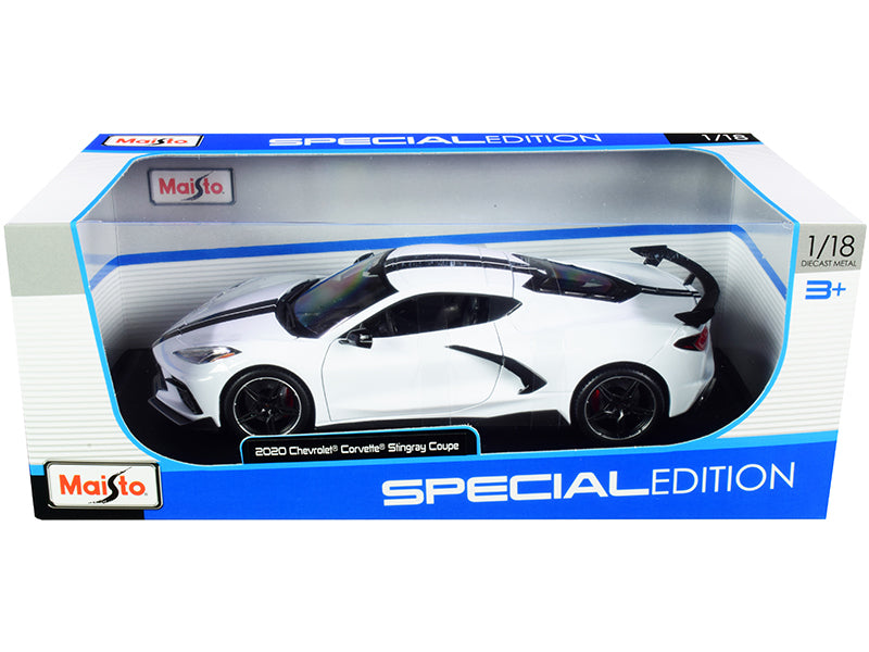 Maisto 2020 Chevrolet Corvette Stingray C8 Coupe diecast car in white with black stripes and high wing, 1/18 scale model
