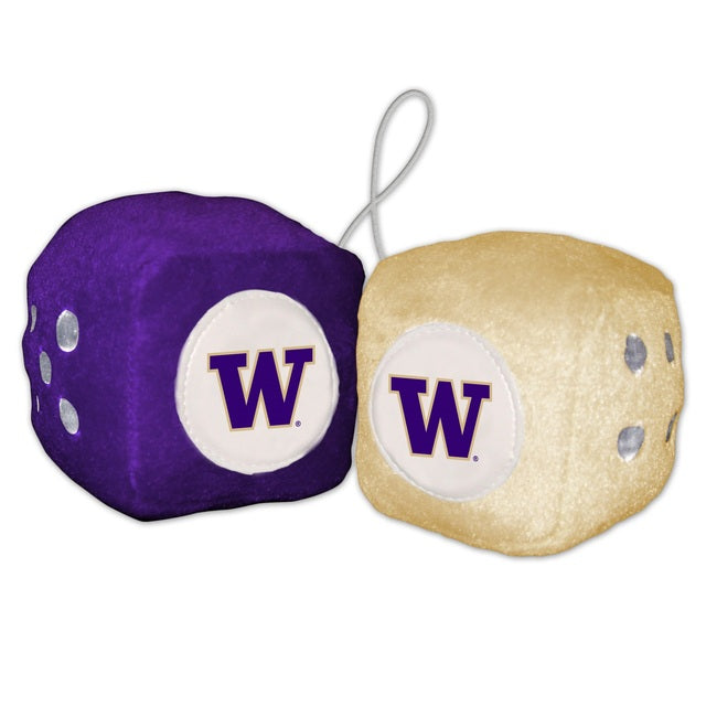 Washington Huskies Plush Fuzzy Dice - 3" cubes, team colors. NCAA licensed by Fremont Die. Ideal for car, man cave, office display!