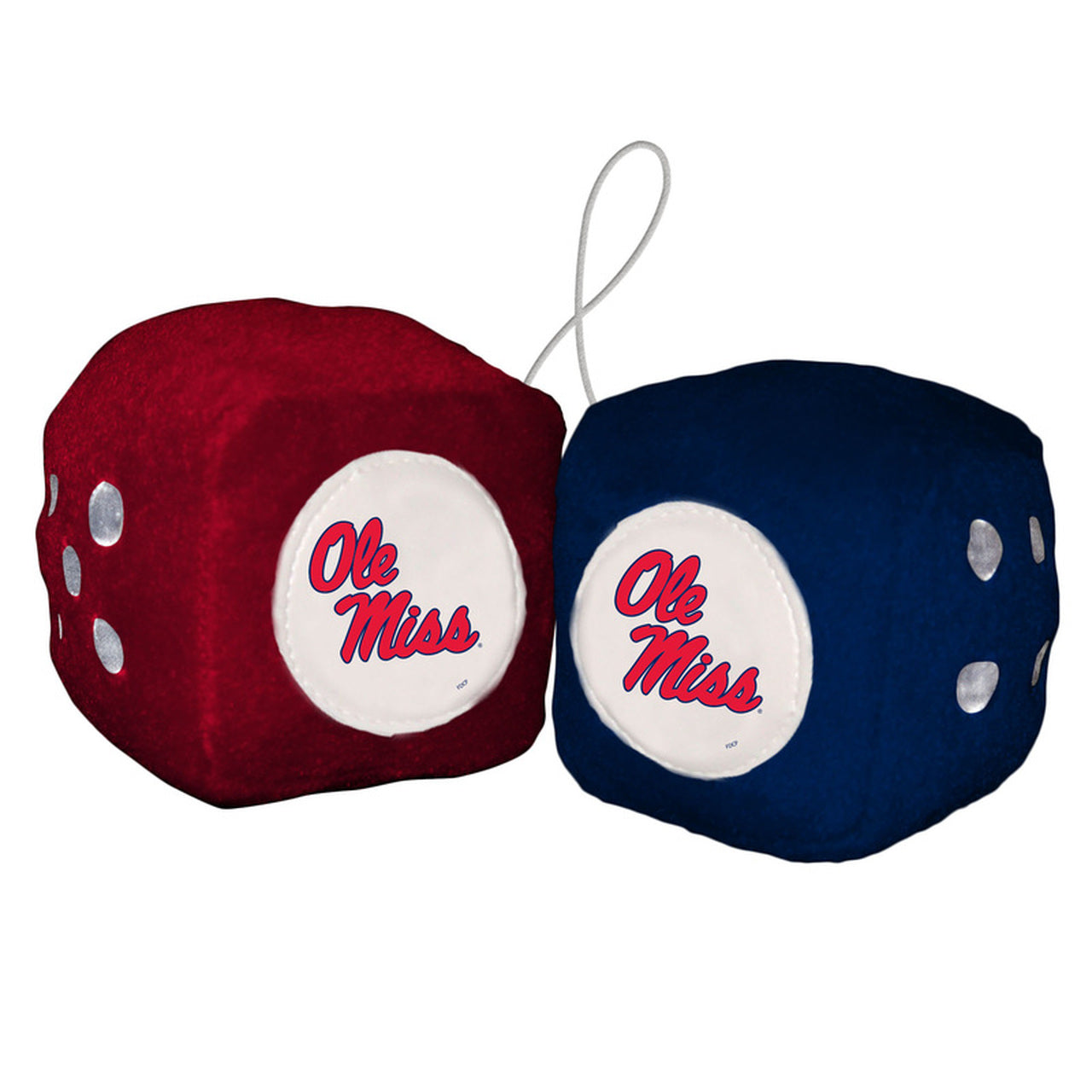 Ole Miss Rebels NCAA Fuzzy Dice - 3" plush hanging dice, team colors/logo. Official NCAA licensed. Ideal for car, office, or as a sports fan gift!