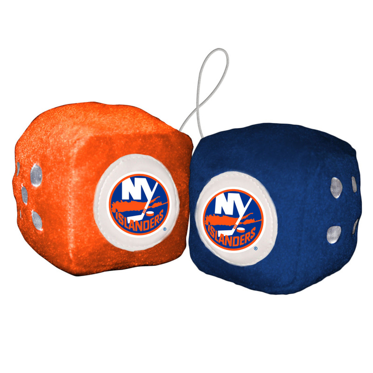 New York Islanders NHL Fuzzy Dice - 3" cubes in team colors and logo. High-quality plush, officially licensed by the NHL.