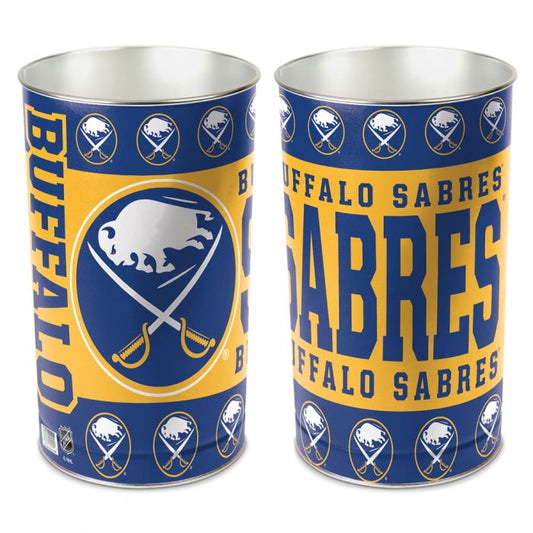 Buffalo Sabres metal wastebasket with team colors and graphics measures 15 inches tall & 10 inches wide at top