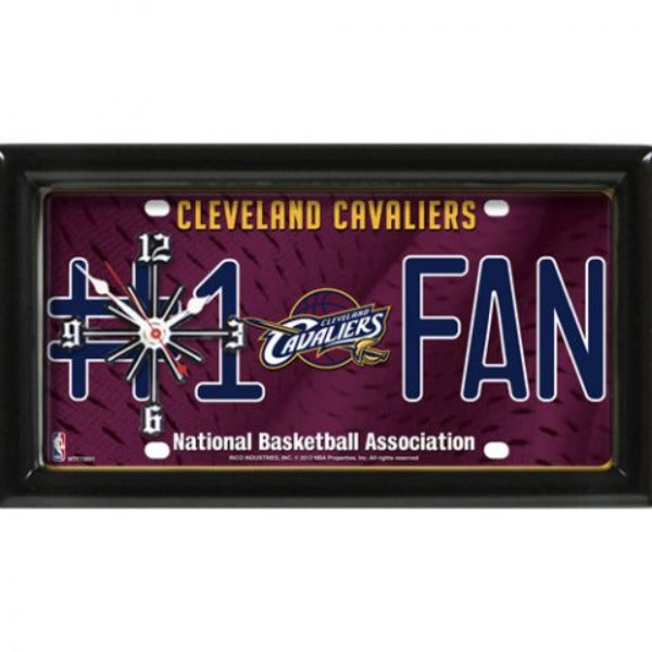 Cleveland Cavaliers NBA #1 Fan Wall Clock: 7" x 13" x 1". Team graphics, "#1 FAN" verbiage, black satin frame. Quartz movement.