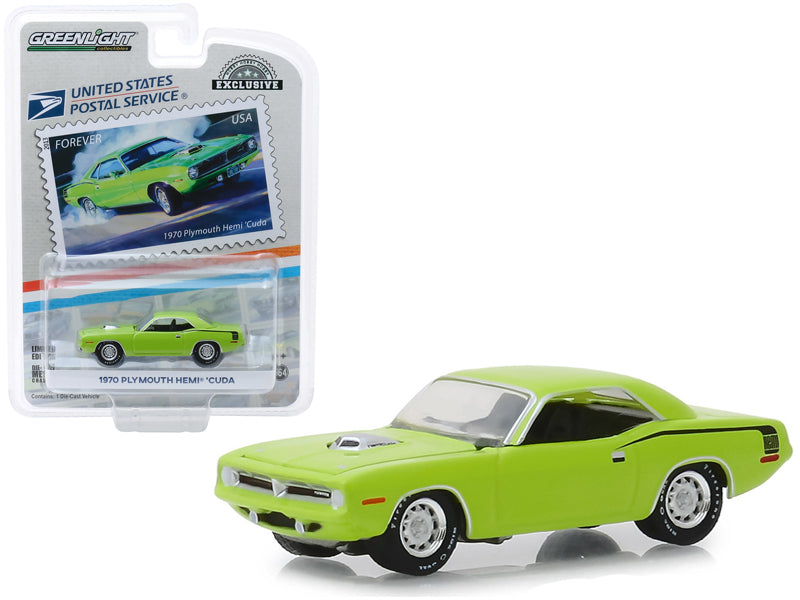1970 Plymouth HEMI 'Cuda Lime Green "USPS Stamps"  "America on the Move: Muscle Cars" "Hobby Exclusive" 1/64 Diecast Car by Greenlight