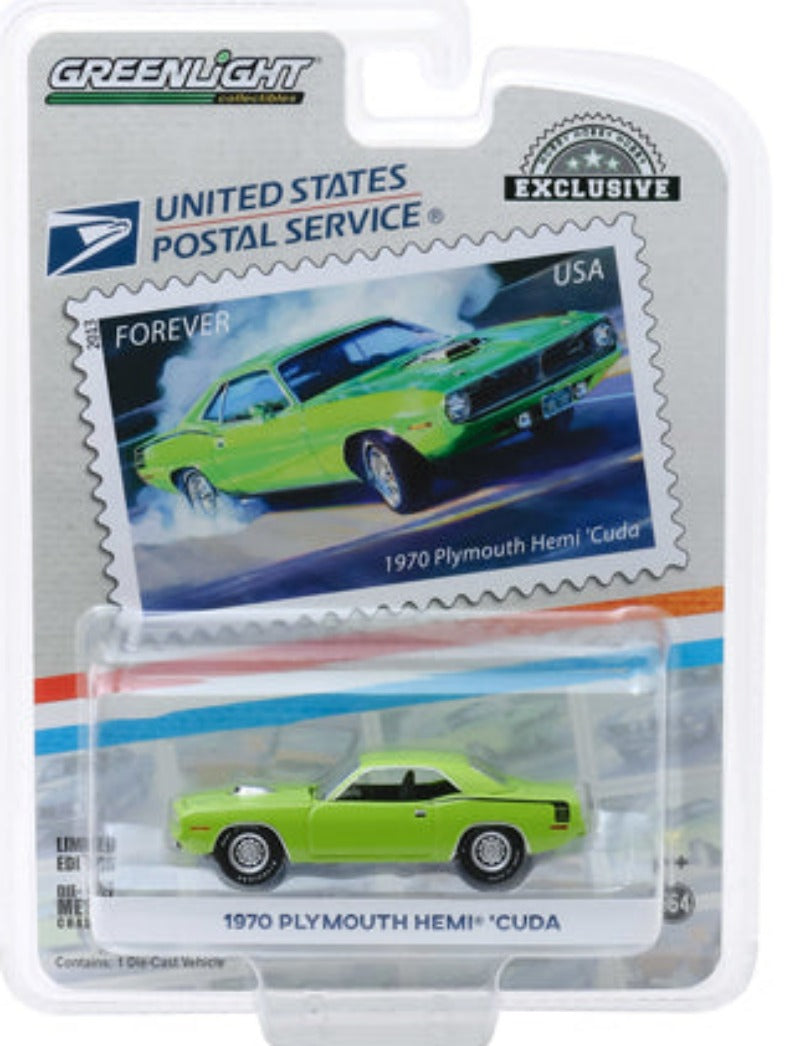 1970 Plymouth HEMI 'Cuda Lime Green "USPS Stamps"  "America on the Move: Muscle Cars" "Hobby Exclusive" 1/64 Diecast Car by Greenlight