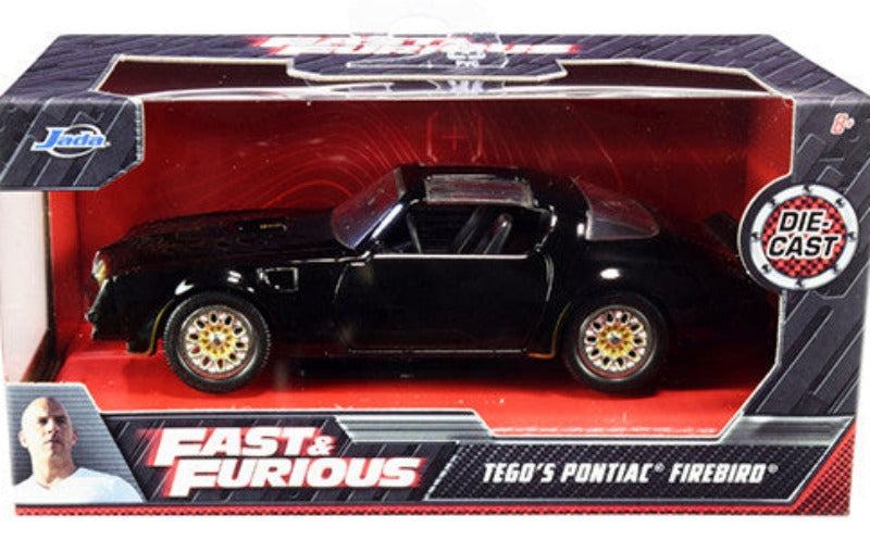 Tego's Pontiac Firebird Black with Gold Stripes and Hood Bird "Fast & Furious" Series 1/32 Diecast Model Car by Jada