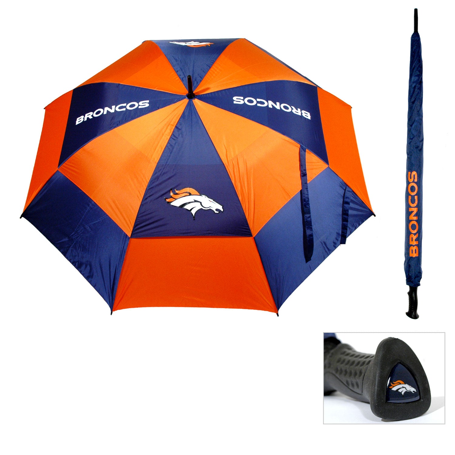 Denver Broncos 62" double canopy umbrella with team colors and logos. Made from durable nylon for game day or golfing in the rain.